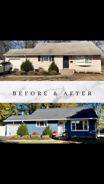 Exterior home transformation with before and after views